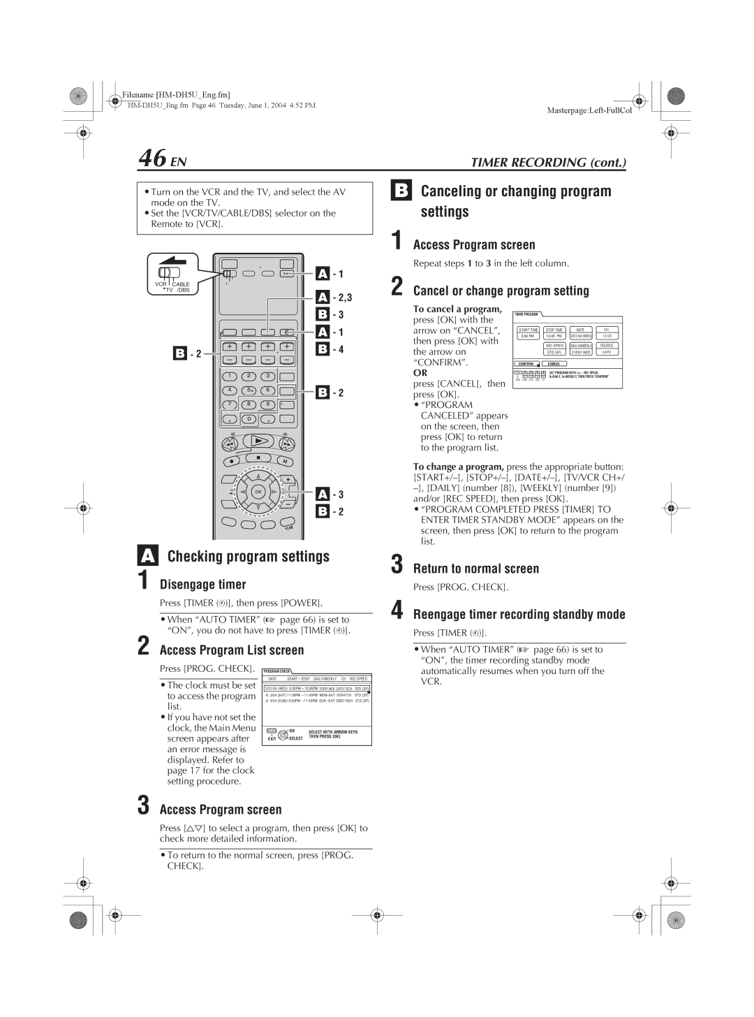 JVC HM-DH5U manual 46 EN, Checking program settings, Canceling or changing program settings 