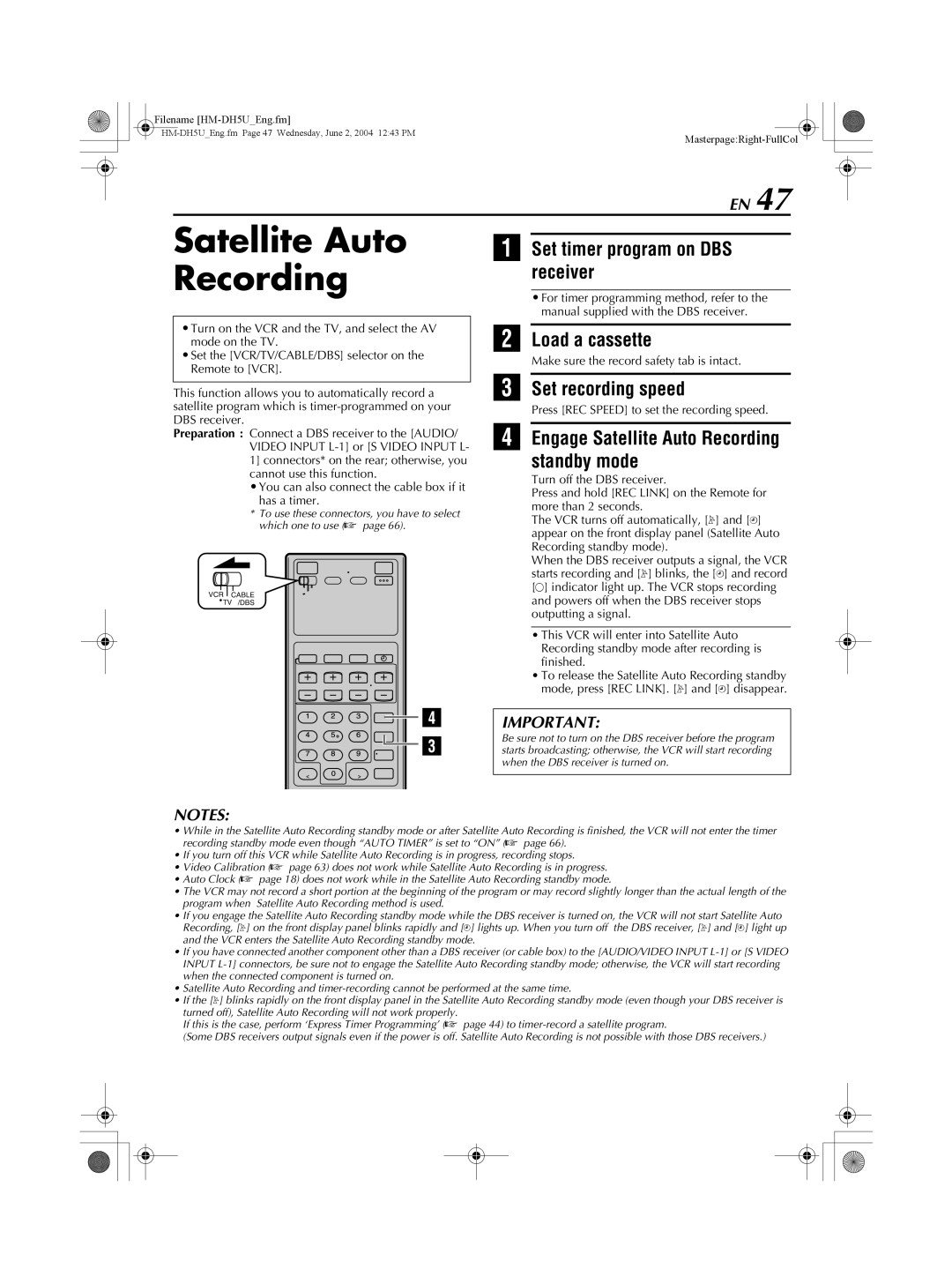 JVC HM-DH5U manual Set timer program on DBS receiver, Engage Satellite Auto Recording standby mode 