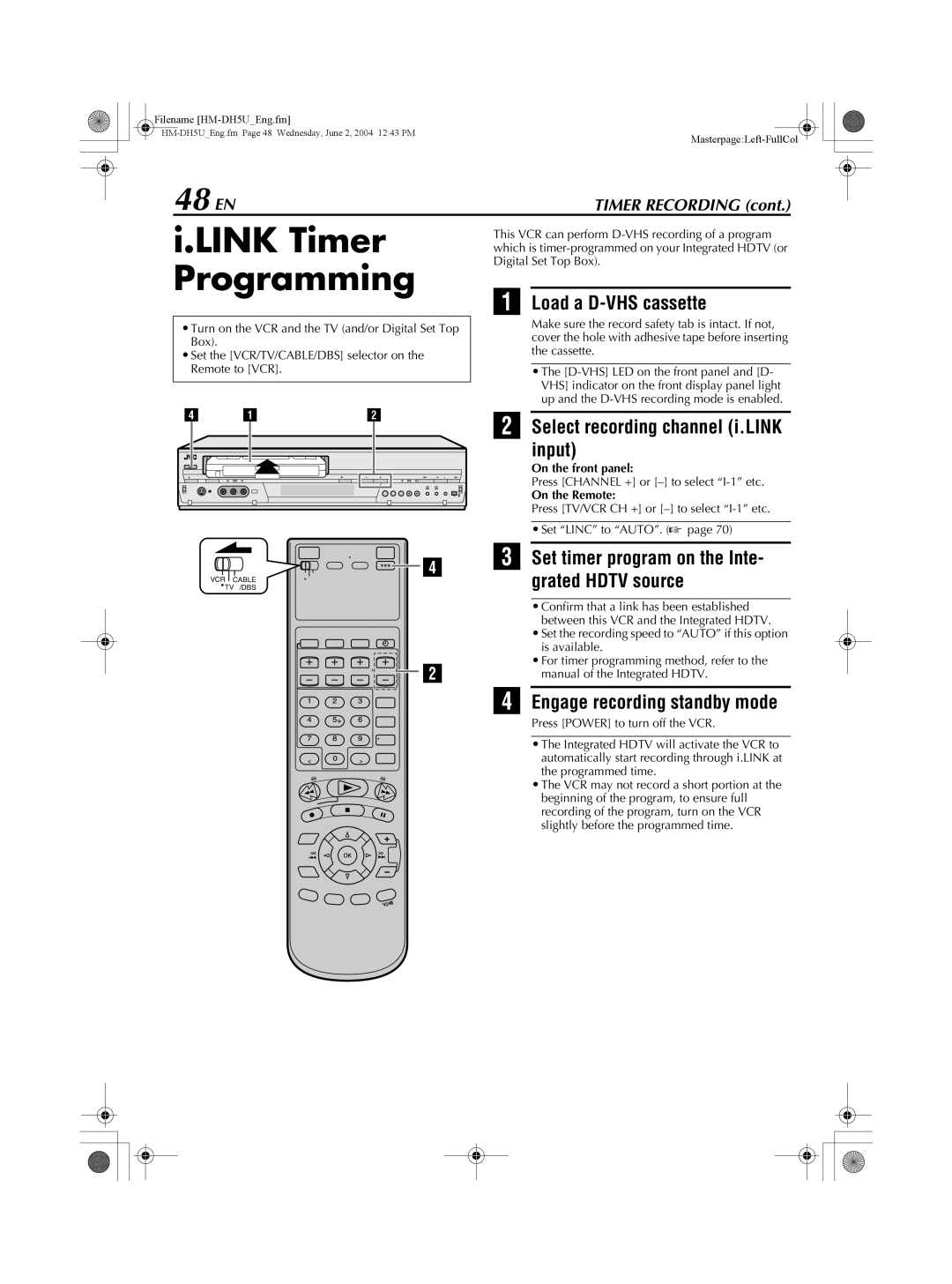 JVC HM-DH5U manual Link Timer Programming, 48 EN, Select recording channel i.LINK input, Engage recording standby mode 