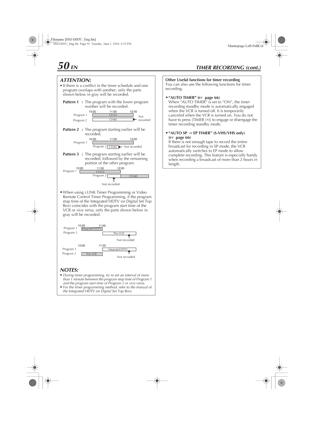 JVC HM-DH5U 50 EN, Pattern 2 The program starting earlier will be recorded, Other Useful functions for timer recording 