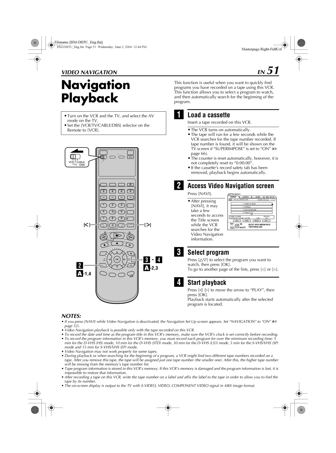 JVC HM-DH5U manual Navigation Playback, Access Video Navigation screen, Select program, Press Navi 