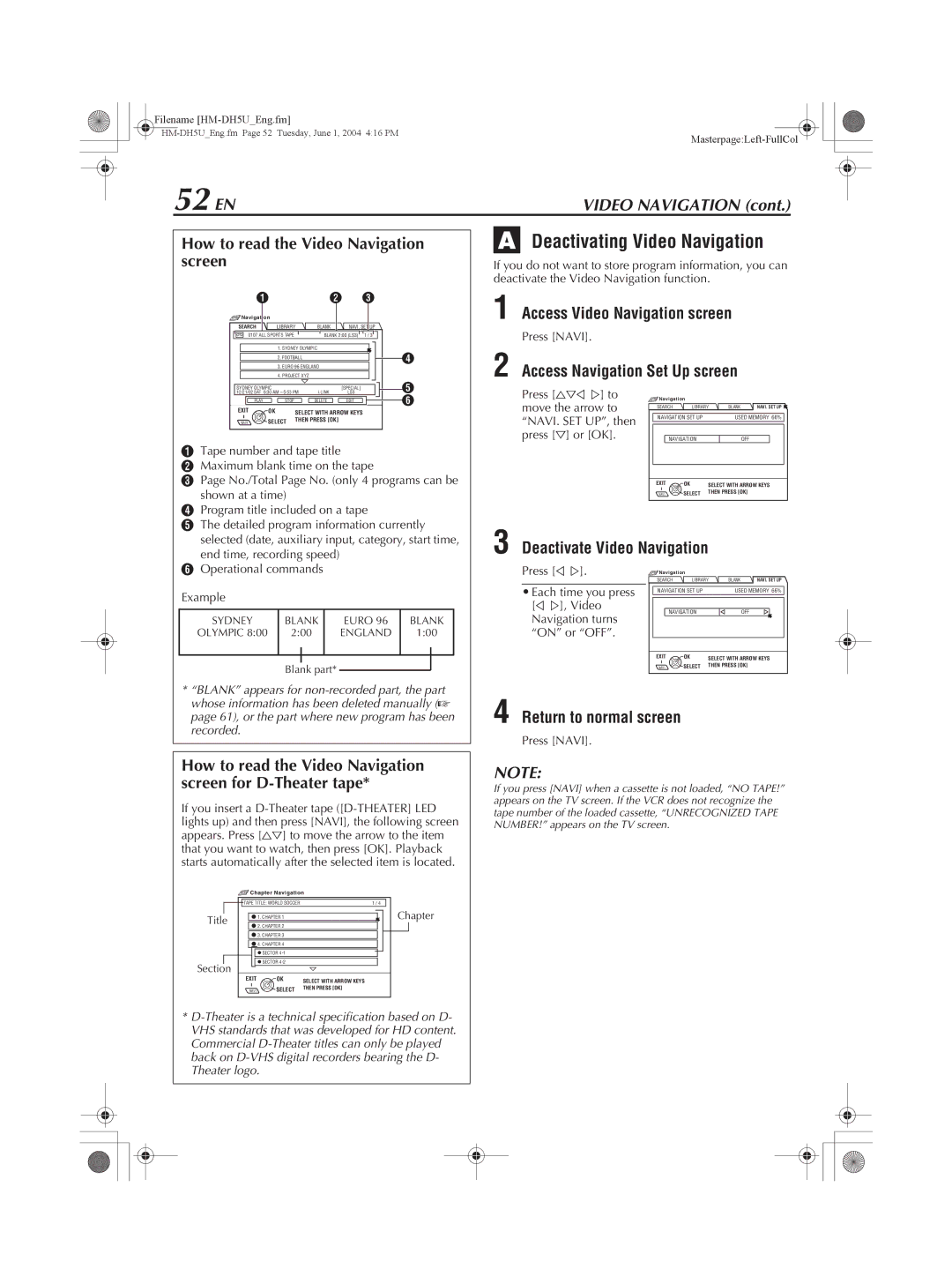 JVC HM-DH5U manual 52 EN, Deactivating Video Navigation, Access Video Navigation screen, Access Navigation Set Up screen 