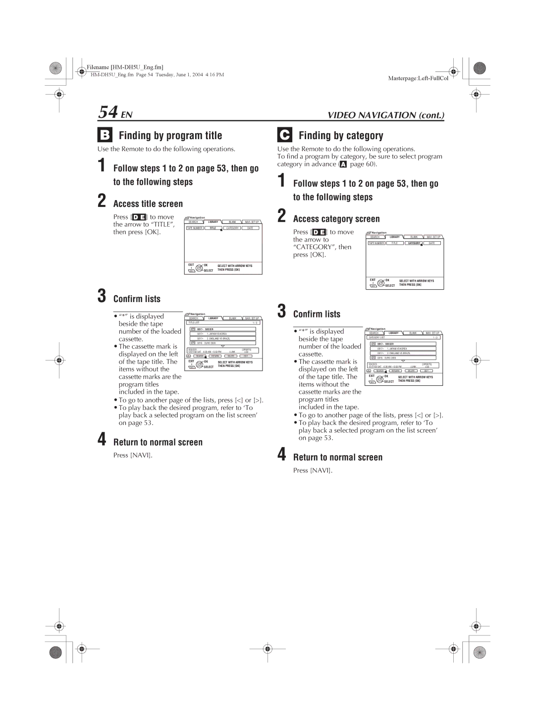 JVC HM-DH5U manual 54 EN, Finding by program title, Finding by category, Confirm lists 