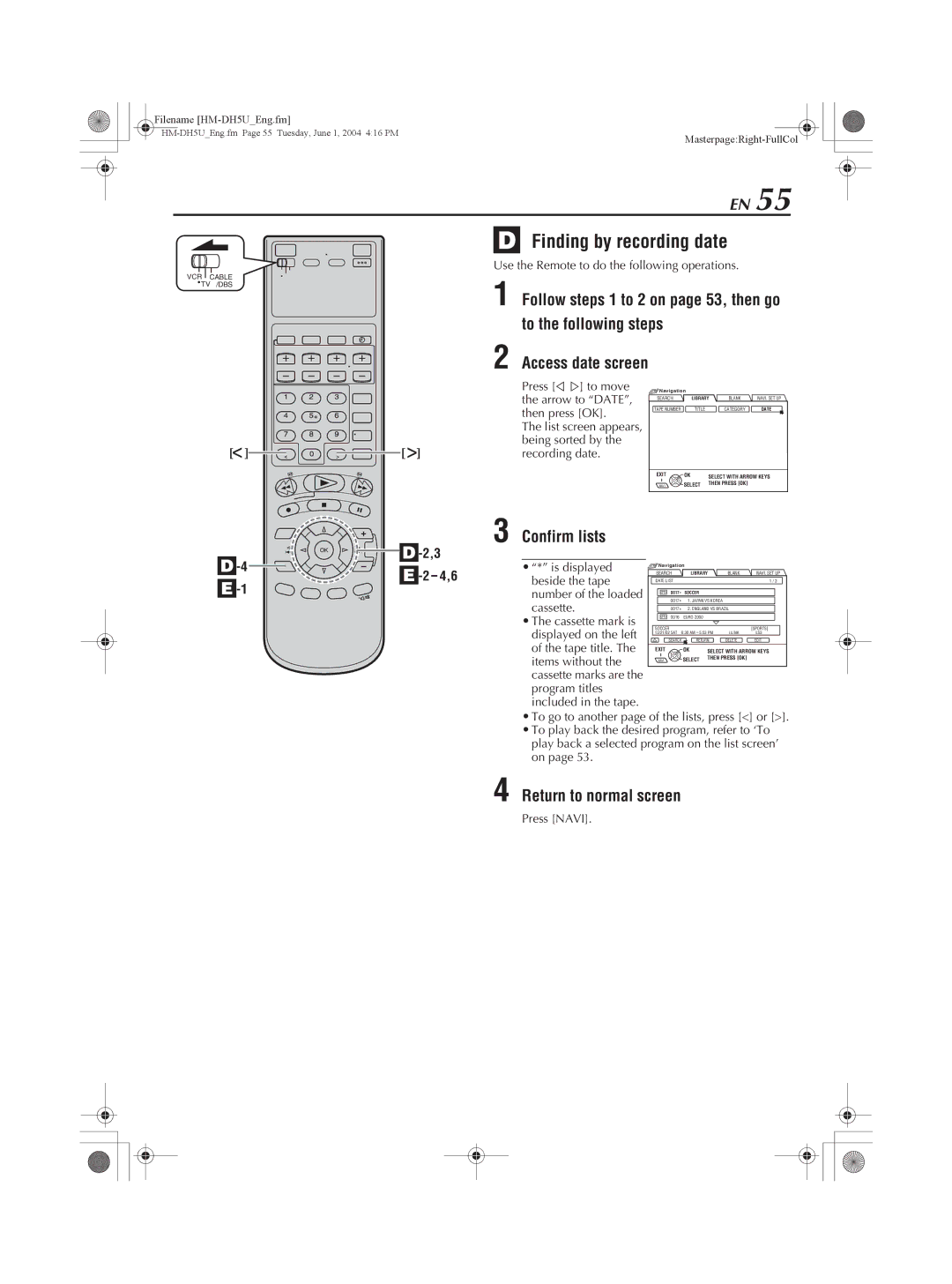 JVC HM-DH5U manual Finding by recording date 