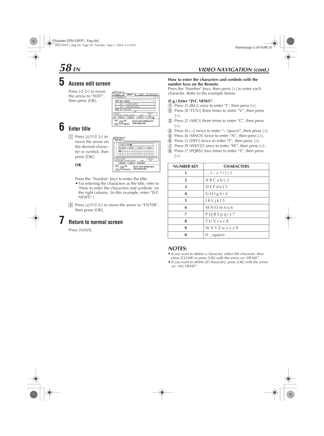 JVC HM-DH5U manual 58 EN, Access edit screen, Enter title, Number KEY Characters 