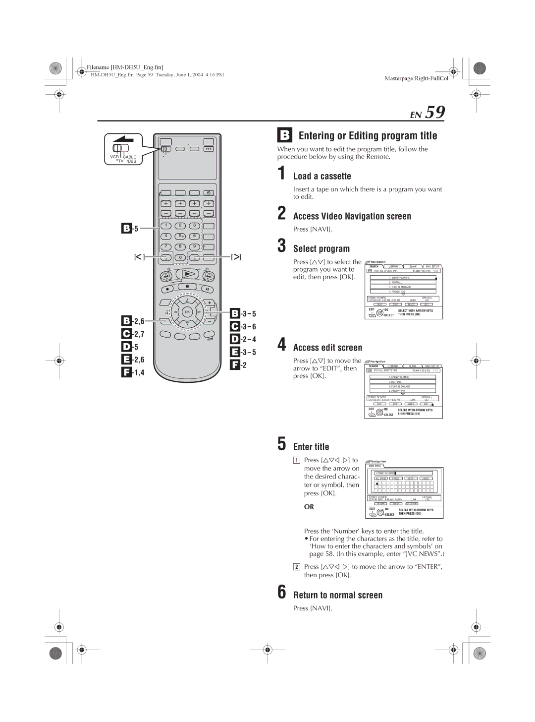 JVC HM-DH5U manual Entering or Editing program title, Select program, 7 D-5 Access edit screen 