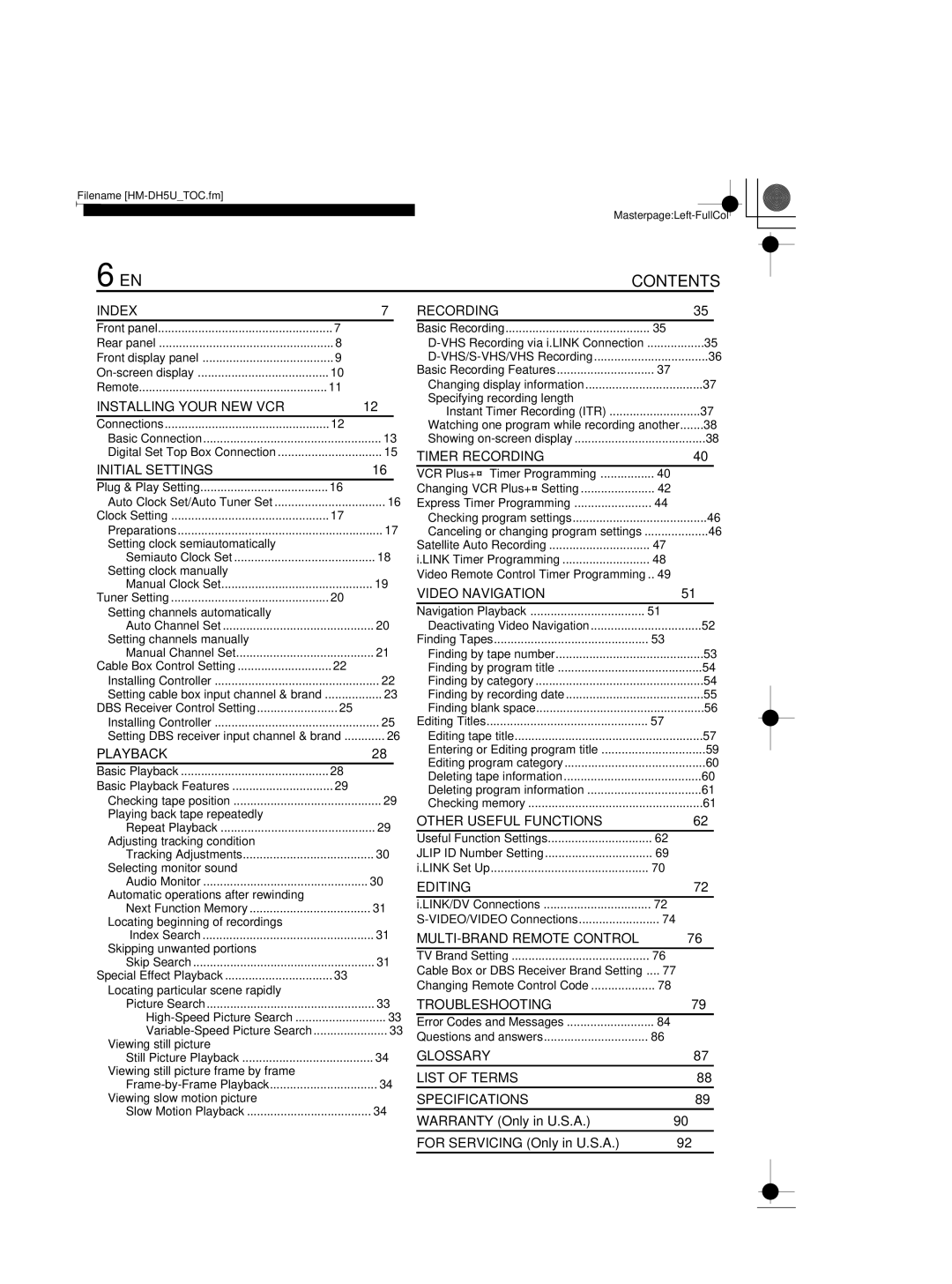 JVC HM-DH5U manual Contents 