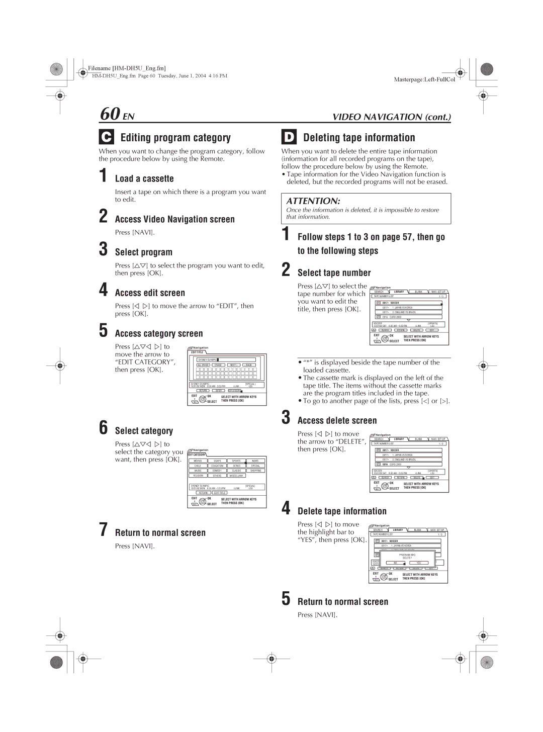 JVC HM-DH5U manual 60 EN, Editing program category, Deleting tape information, Access category screen, Select category 