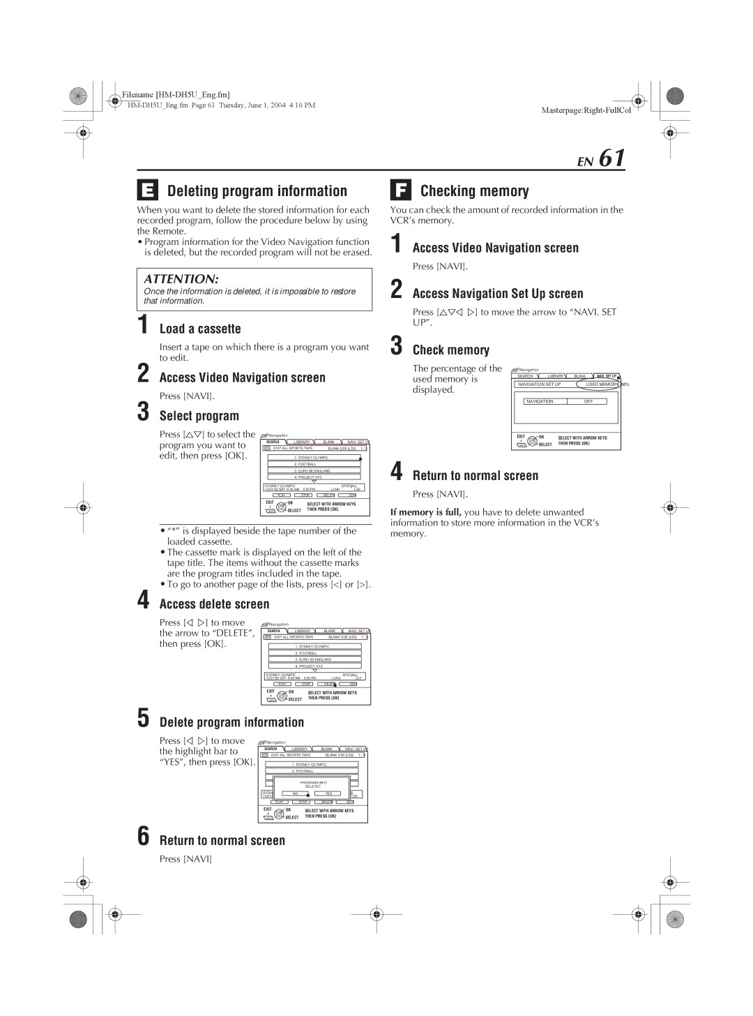 JVC HM-DH5U Deleting program information, Checking memory, Access delete screen, Check memory, Delete program information 