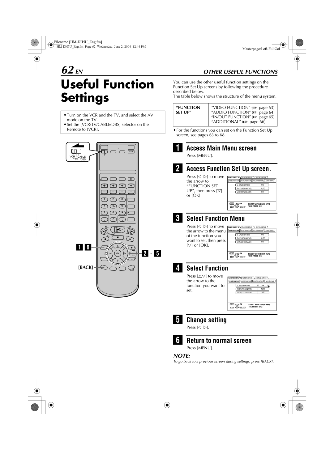 JVC HM-DH5U manual Useful Function Settings, 62 EN 