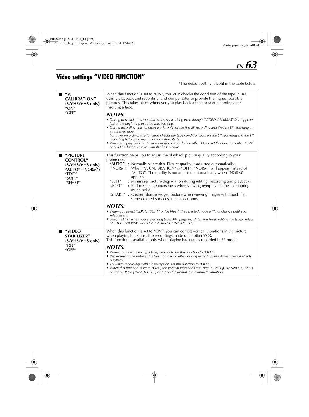 JVC HM-DH5U manual Video settings Video Function 