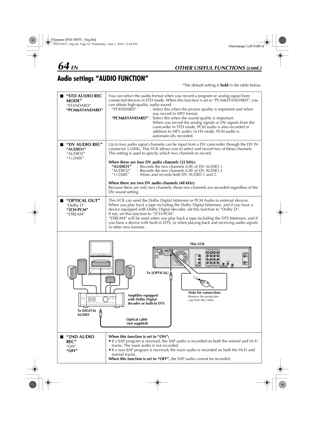 JVC HM-DH5U manual 64 EN, Audio settings Audio Function, Mode, 2ND Audio REC 