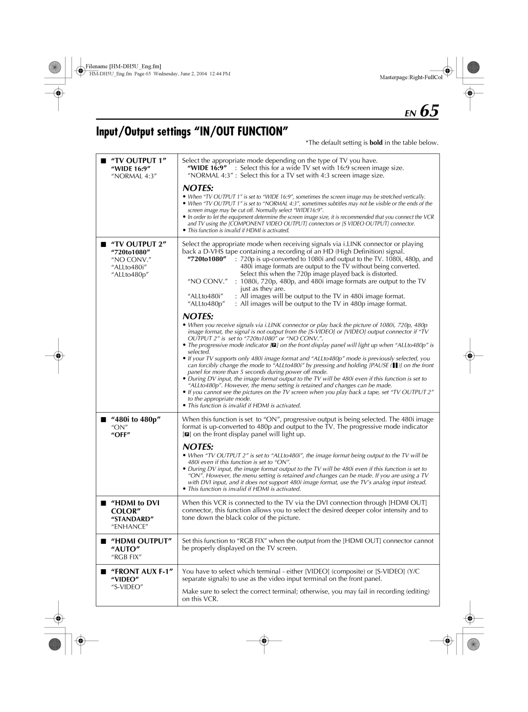 JVC HM-DH5U manual Input/Output settings IN/OUT Function 