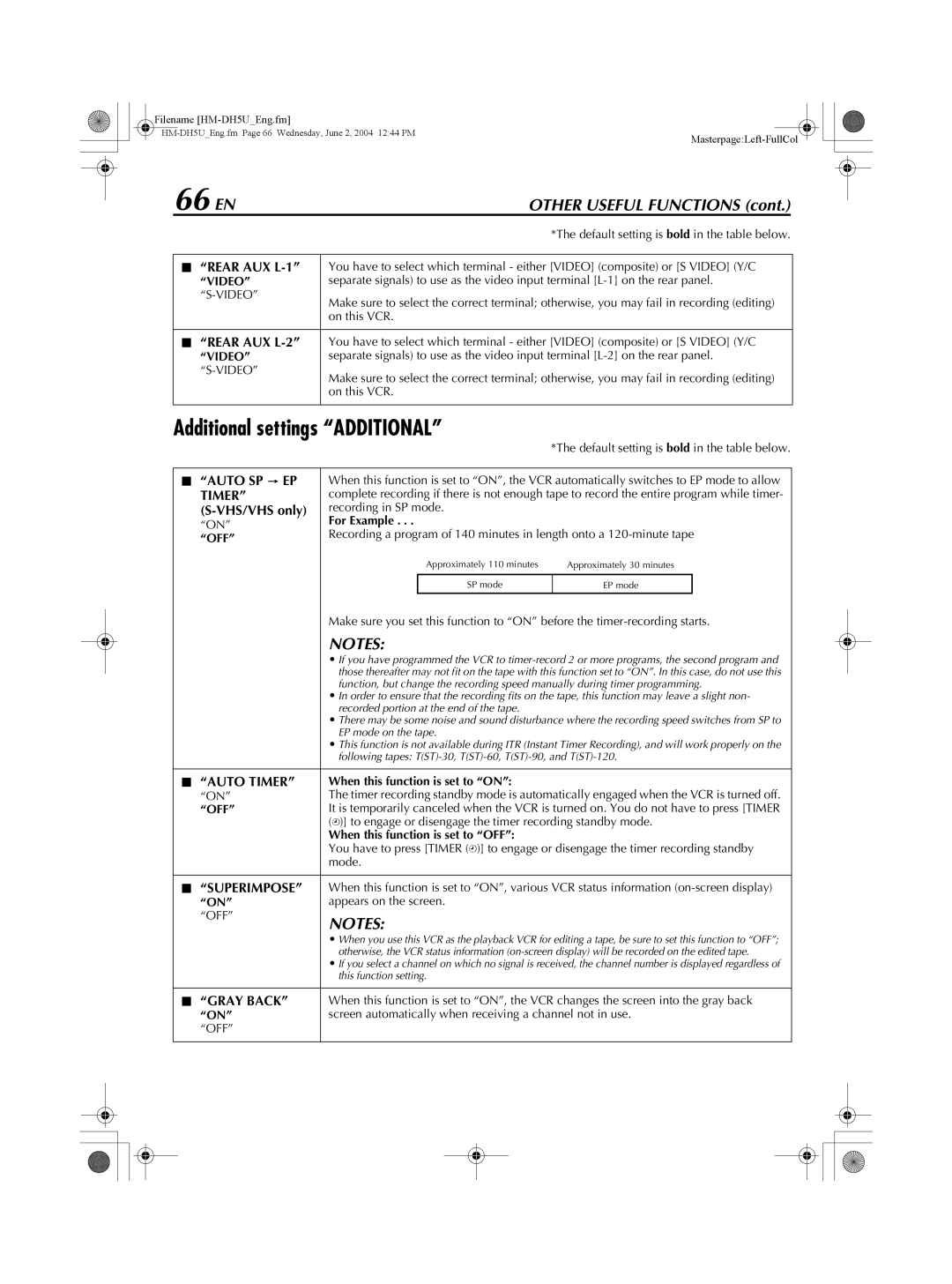 JVC HM-DH5U manual 66 EN, Additional settings Additional 