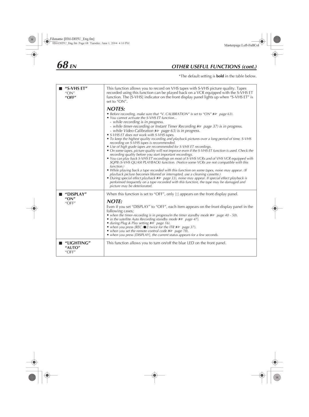JVC HM-DH5U manual 68 EN, Vhs Et, Display, Lighting 