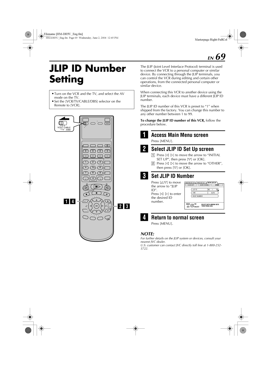 JVC HM-DH5U manual Jlip ID Number Setting, Select Jlip ID Set Up screen, Set Jlip ID Number 