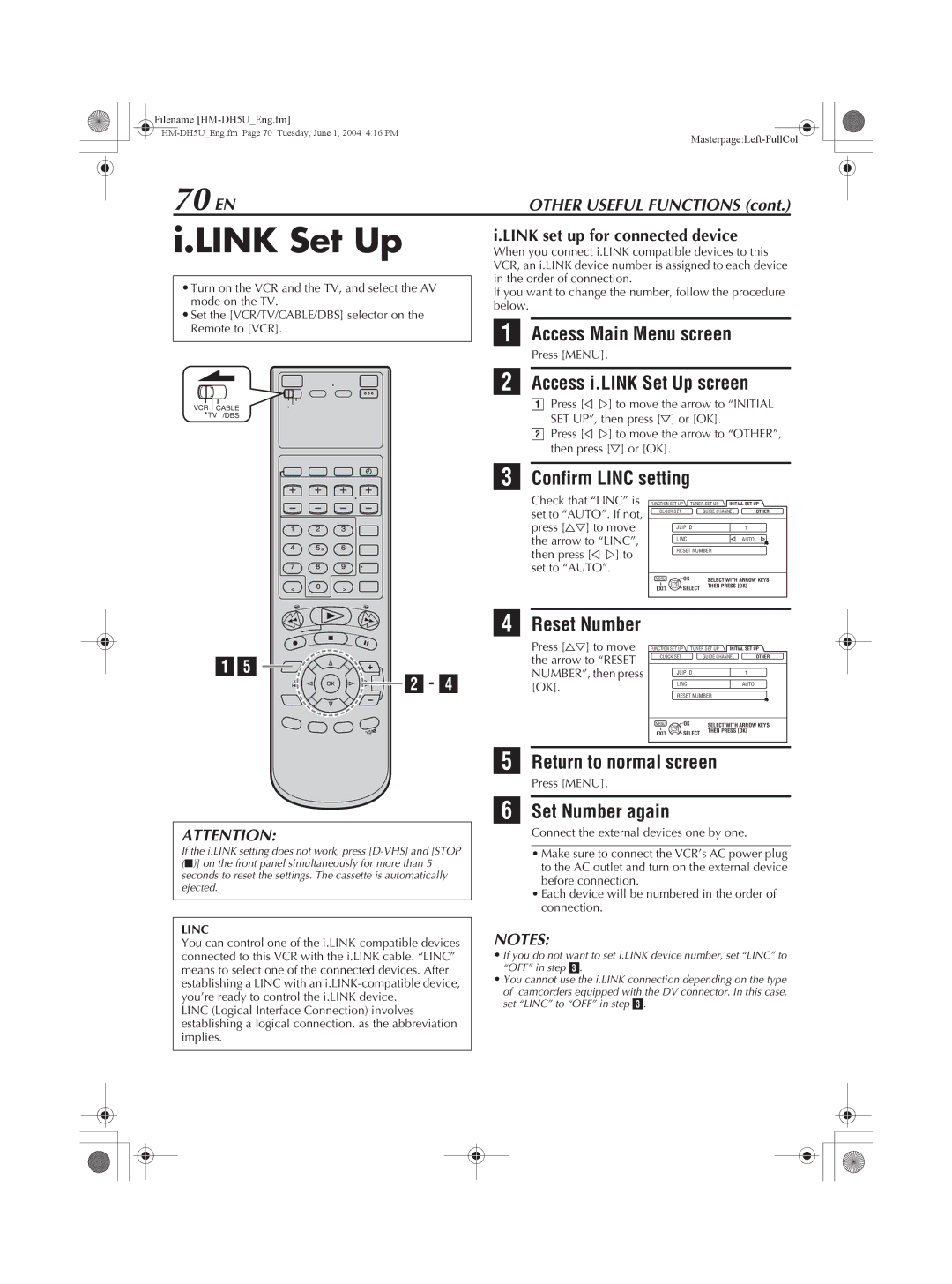 JVC HM-DH5U manual Link Set Up, 70 EN, Access i.LINK Set Up screen, Confirm Linc setting, Set Number again 