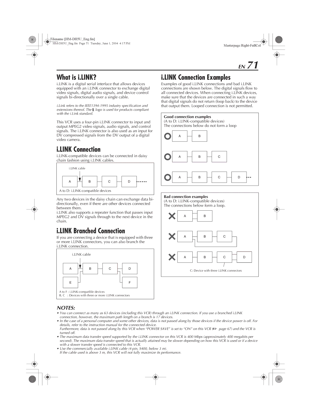 JVC HM-DH5U What is i.LINK?, Link Connection, Link Branched Connection, Good connection examples, Bad connection examples 