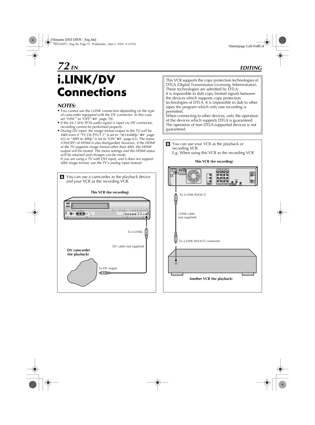 JVC HM-DH5U manual LINK/DV Connections, 72 EN 