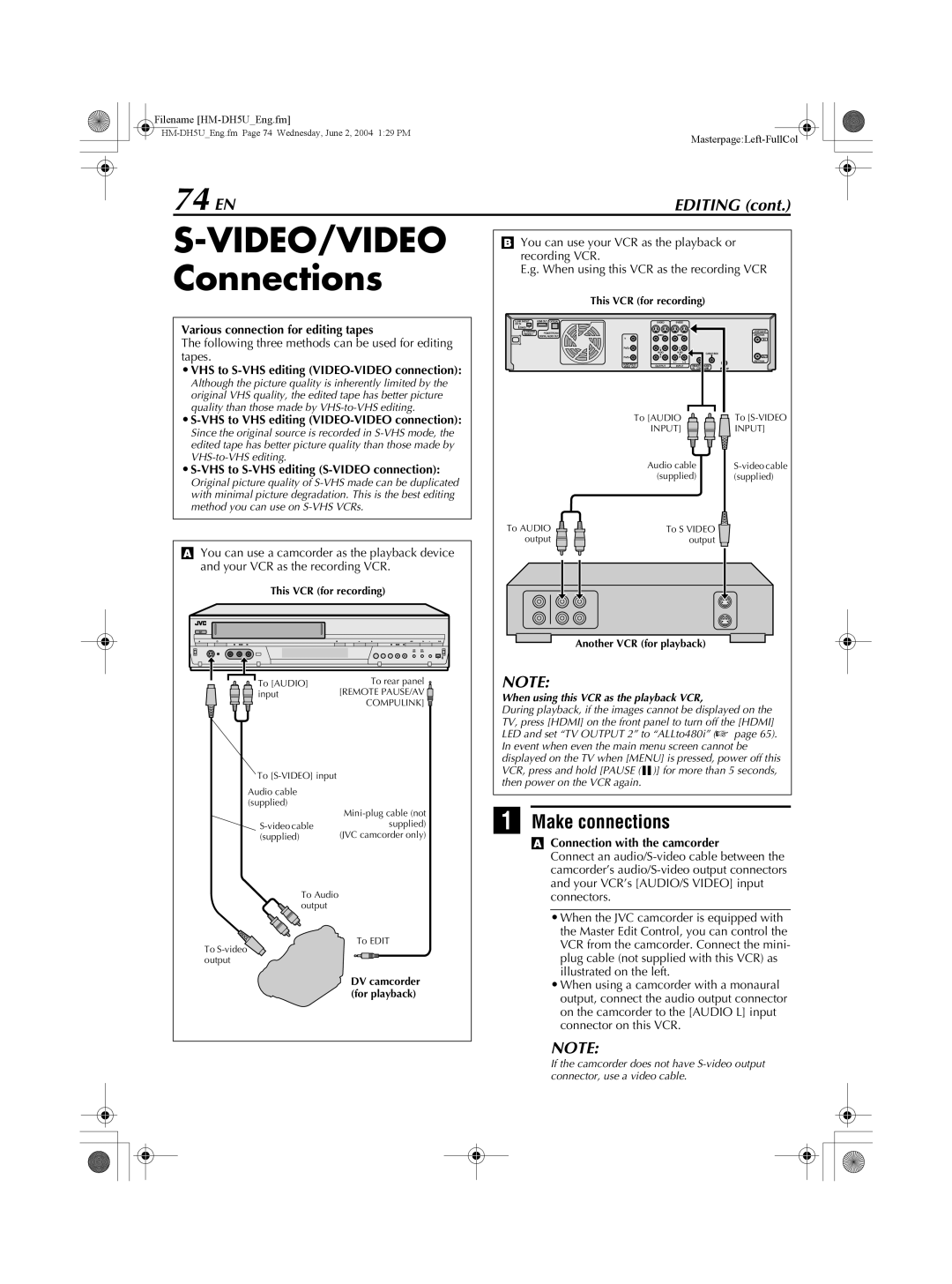 JVC HM-DH5U manual VIDEO/VIDEO Connections, 74 EN 