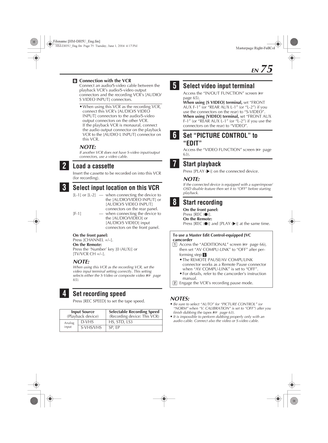 JVC HM-DH5U manual Select video input terminal, Set Picture Control to Edit, Connection with the VCR 
