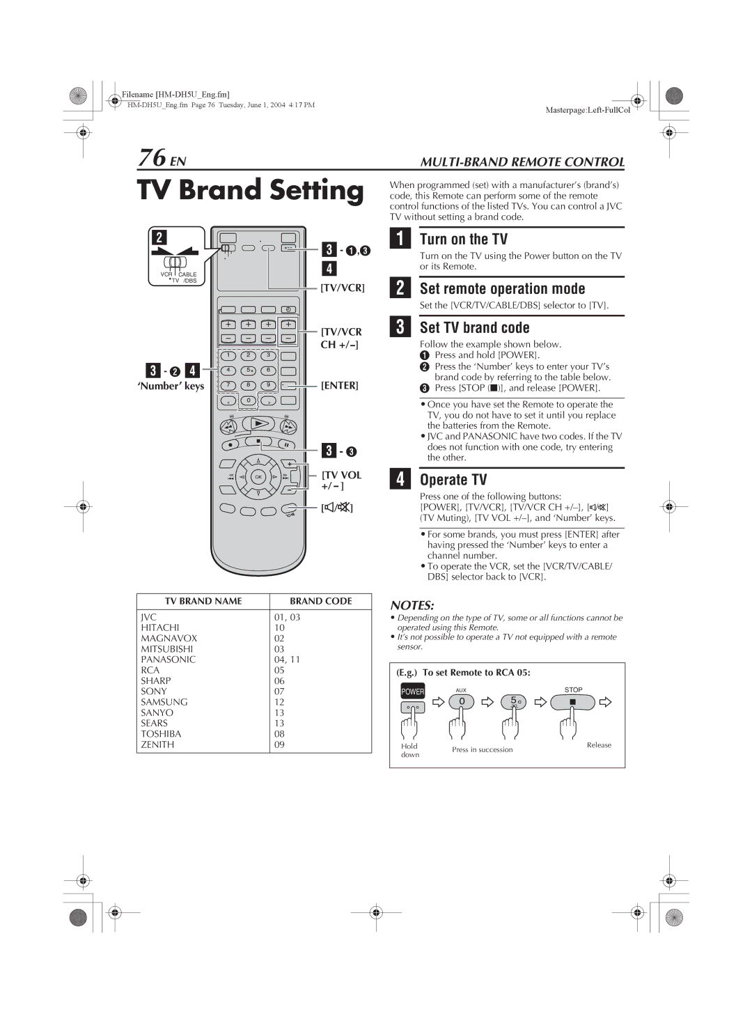 JVC HM-DH5U manual TV Brand Setting, 76 EN 