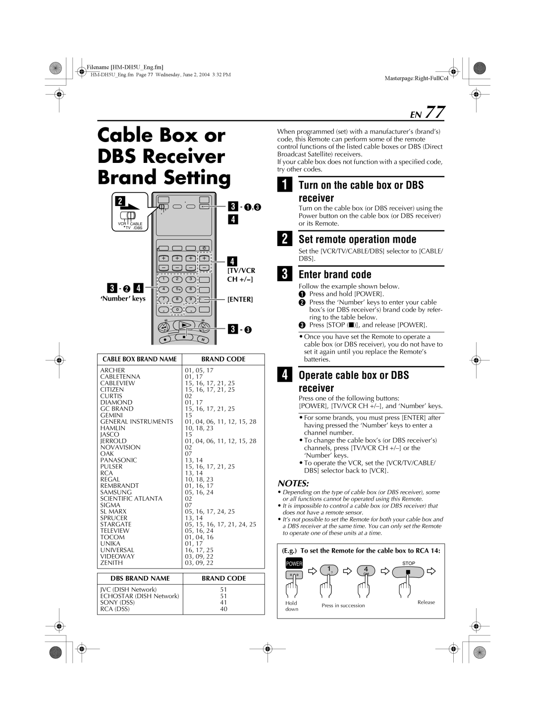 JVC HM-DH5U manual Cable Box or DBS Receiver Brand Setting, Turn on the cable box or DBS receiver, Enter brand code 