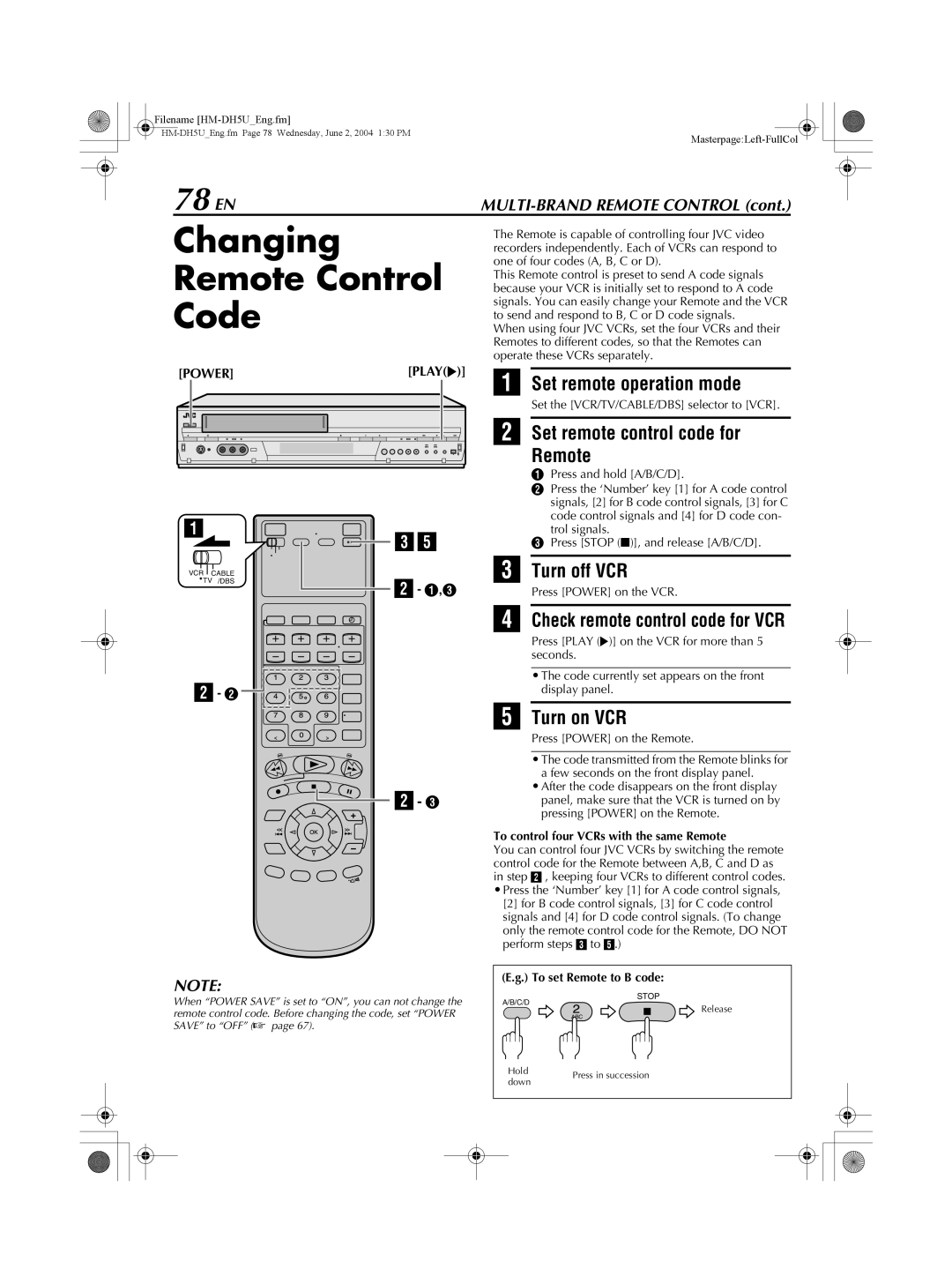 JVC HM-DH5U manual Changing Remote Control Code, 78 EN 