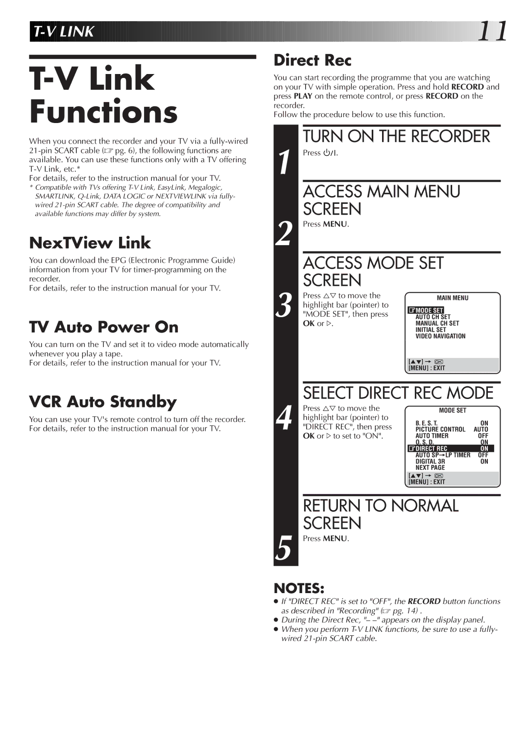 JVC HM-DR10000EK Link Functions, Turn on the Recorder, NexTView Link, TV Auto Power On, VCR Auto Standby Direct Rec 