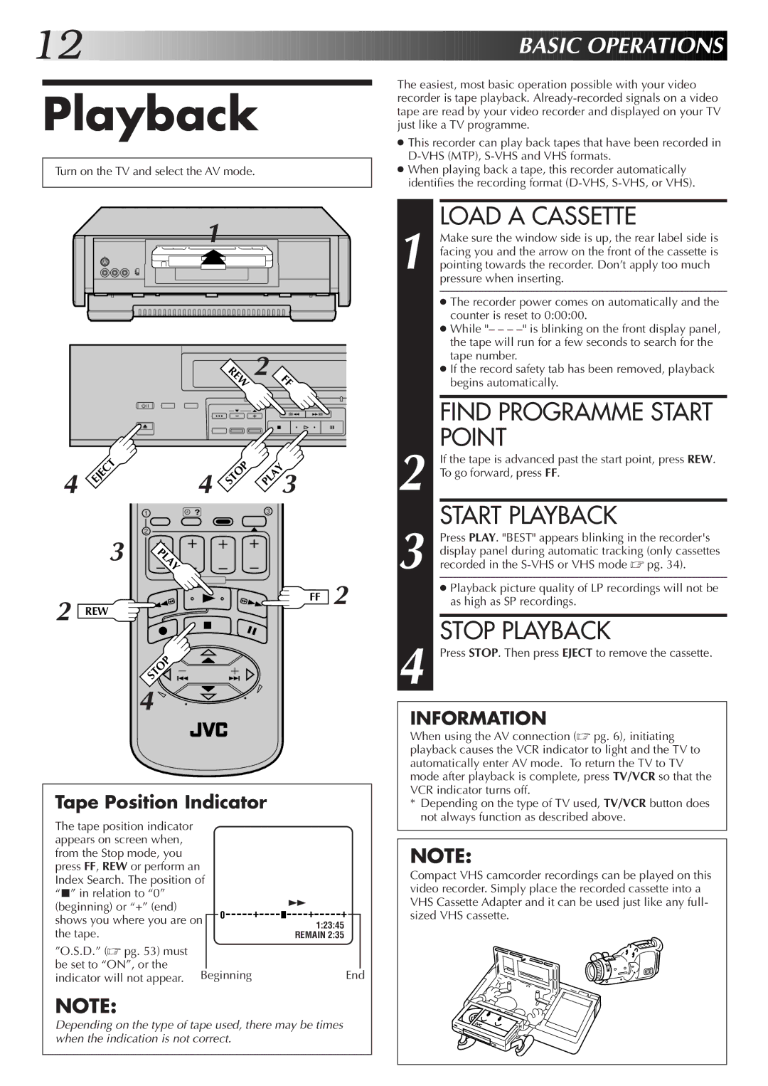 JVC HM-DR10000EK setup guide Load a Cassette, Point, Start Playback, Stop Playback 