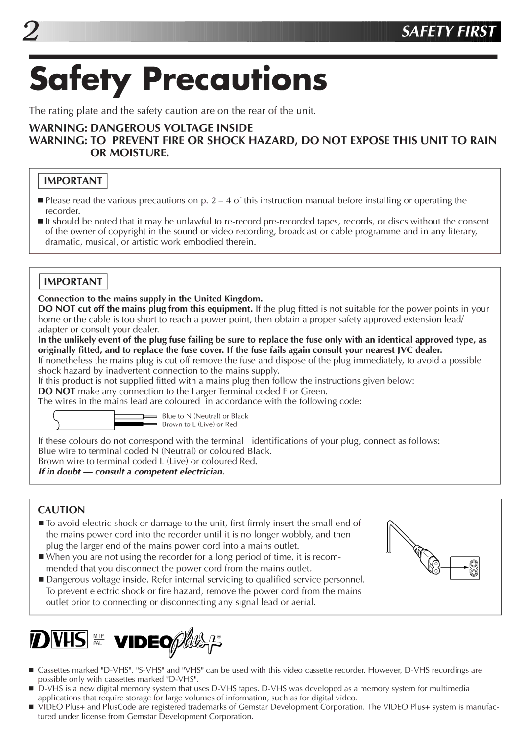 JVC HM-DR10000EK setup guide Safety Precautions, Connection to the mains supply in the United Kingdom 