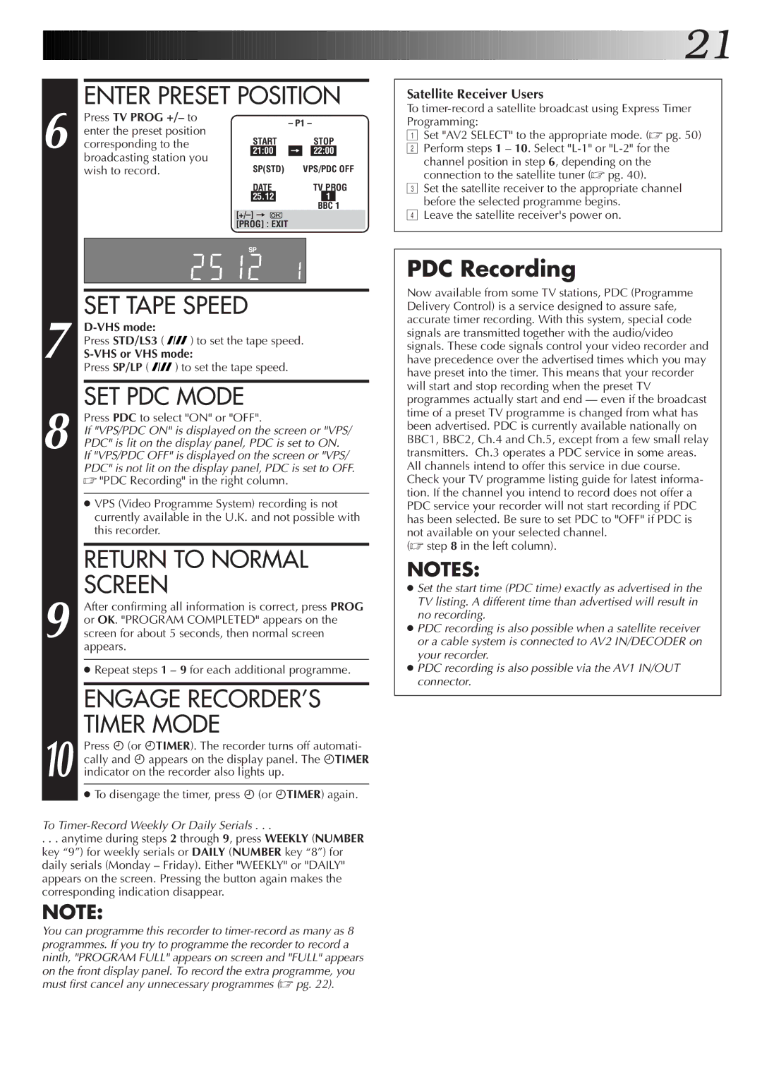 JVC HM-DR10000EK setup guide SET PDC Mode, Return to Normal, Screen, Engage RECORDER’S, Timer Mode 