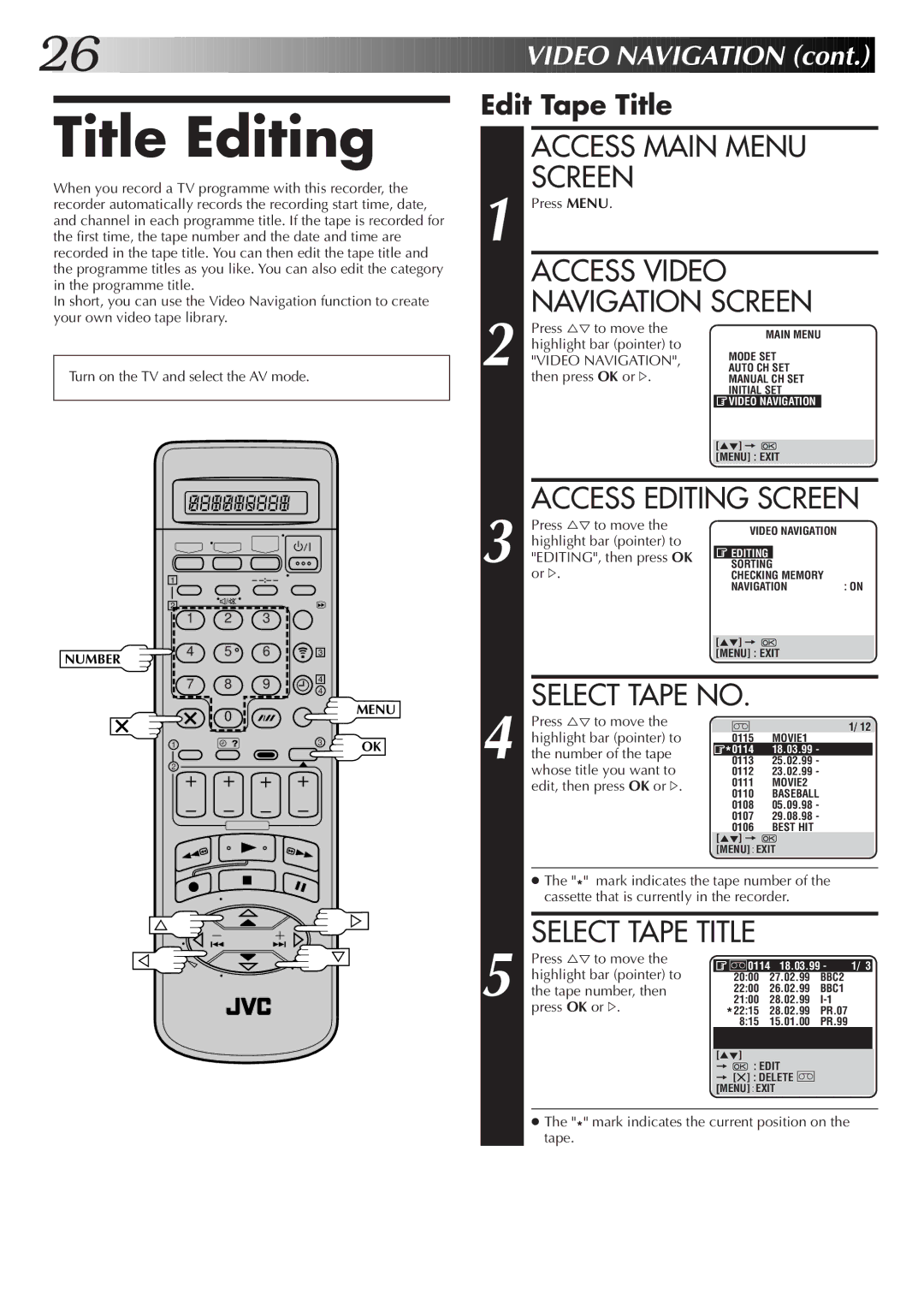 JVC HM-DR10000EK setup guide Title Editing, Access Main Menu, Access Video, Edit Tape Title 