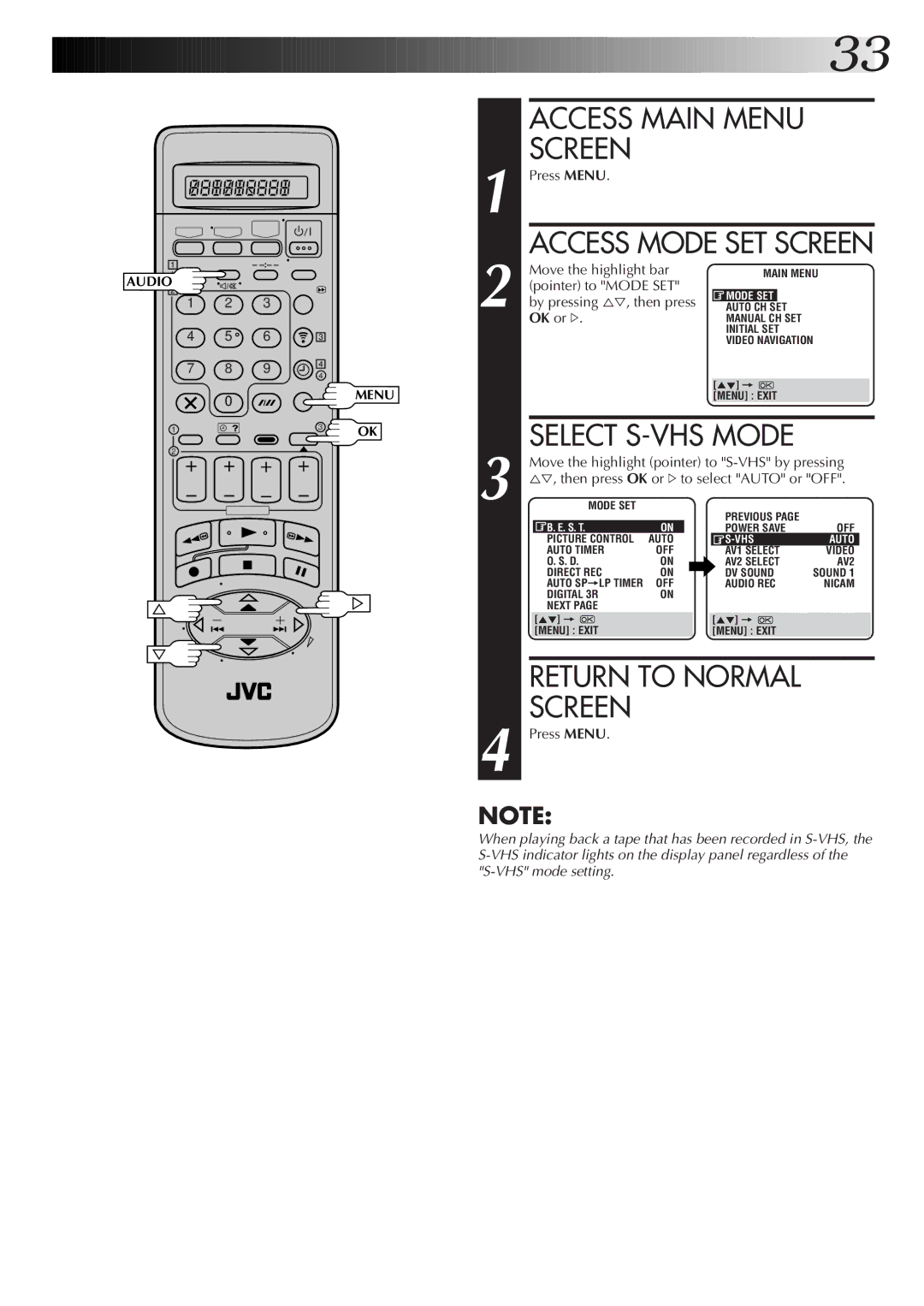 JVC HM-DR10000EK setup guide Select S-VHS Mode, Pointer to Mode SET, By pressing %Þ, then press 