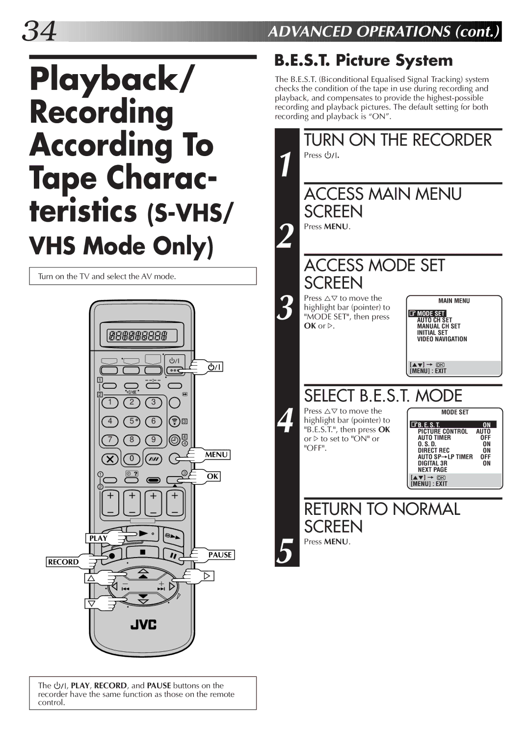 JVC HM-DR10000EK setup guide Access Mode SET, S.T. Picture System, Select B.E.S.T. Mode 