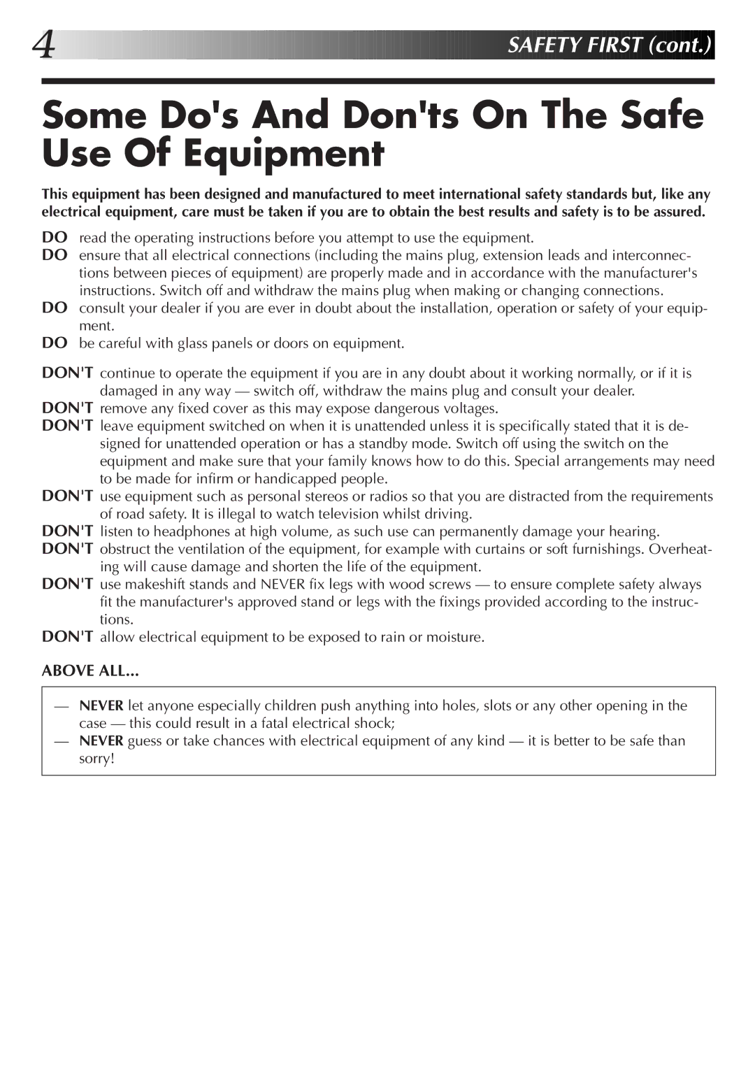 JVC HM-DR10000EK setup guide Some Dos And Donts On The Safe Use Of Equipment 