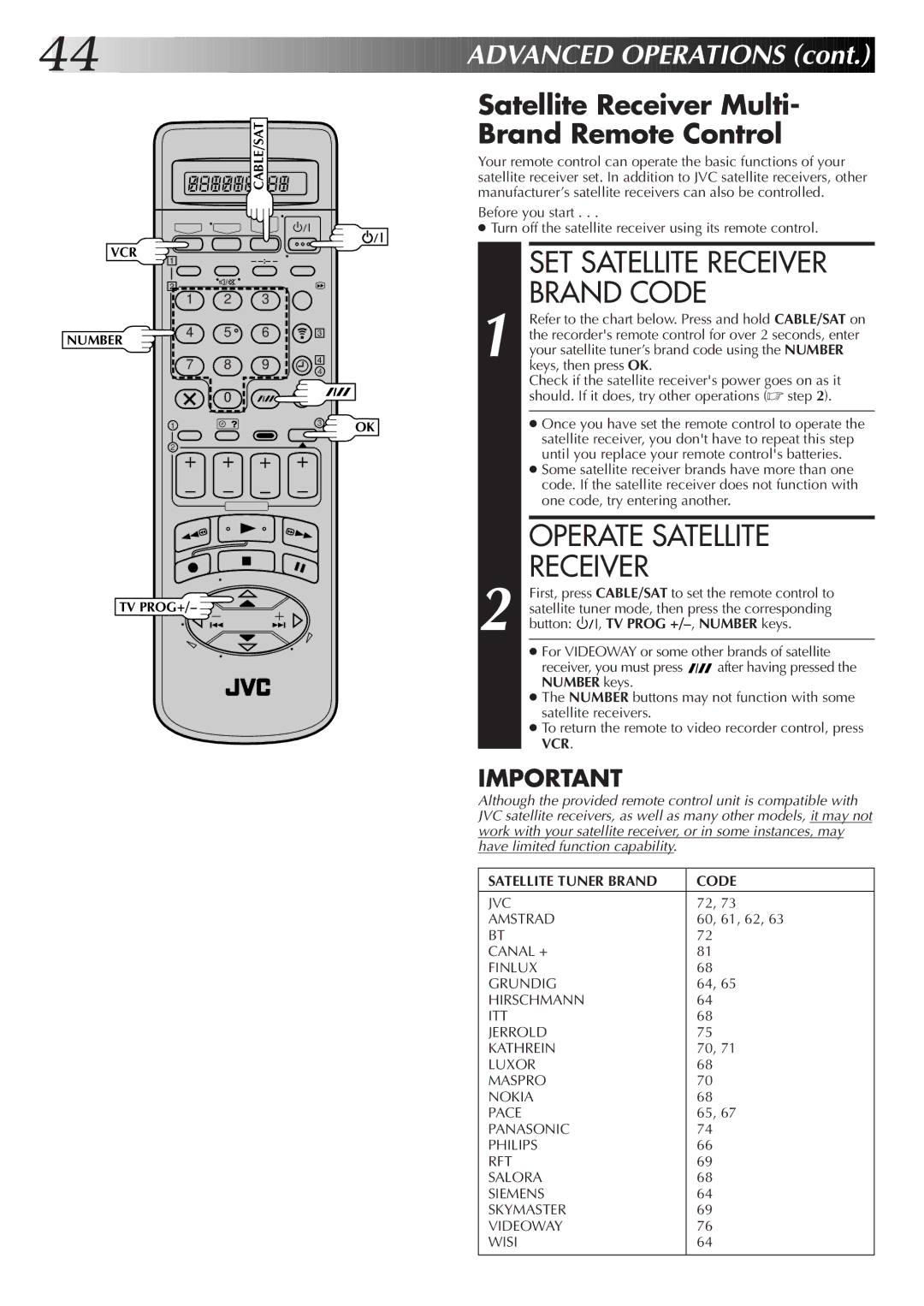 JVC HM-DR10000EK Brand Code, Operate Satellite Receiver, Satellite Receiver Multi Brand Remote Control, JVC Amstrad 