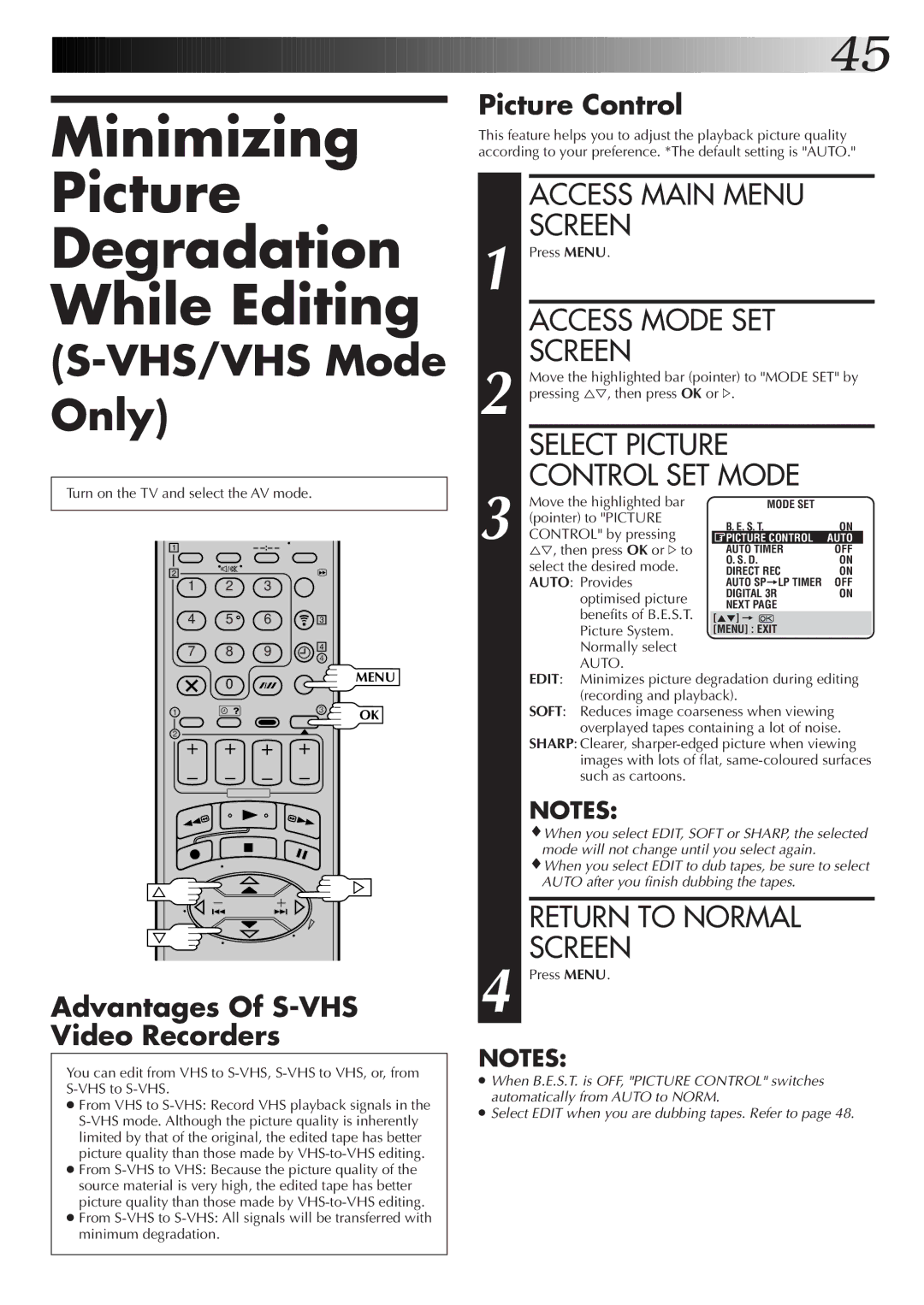 JVC HM-DR10000EK Minimizing Picture Degradation While Editing, Access Mode SET Screen, Select Picture Control SET Mode 