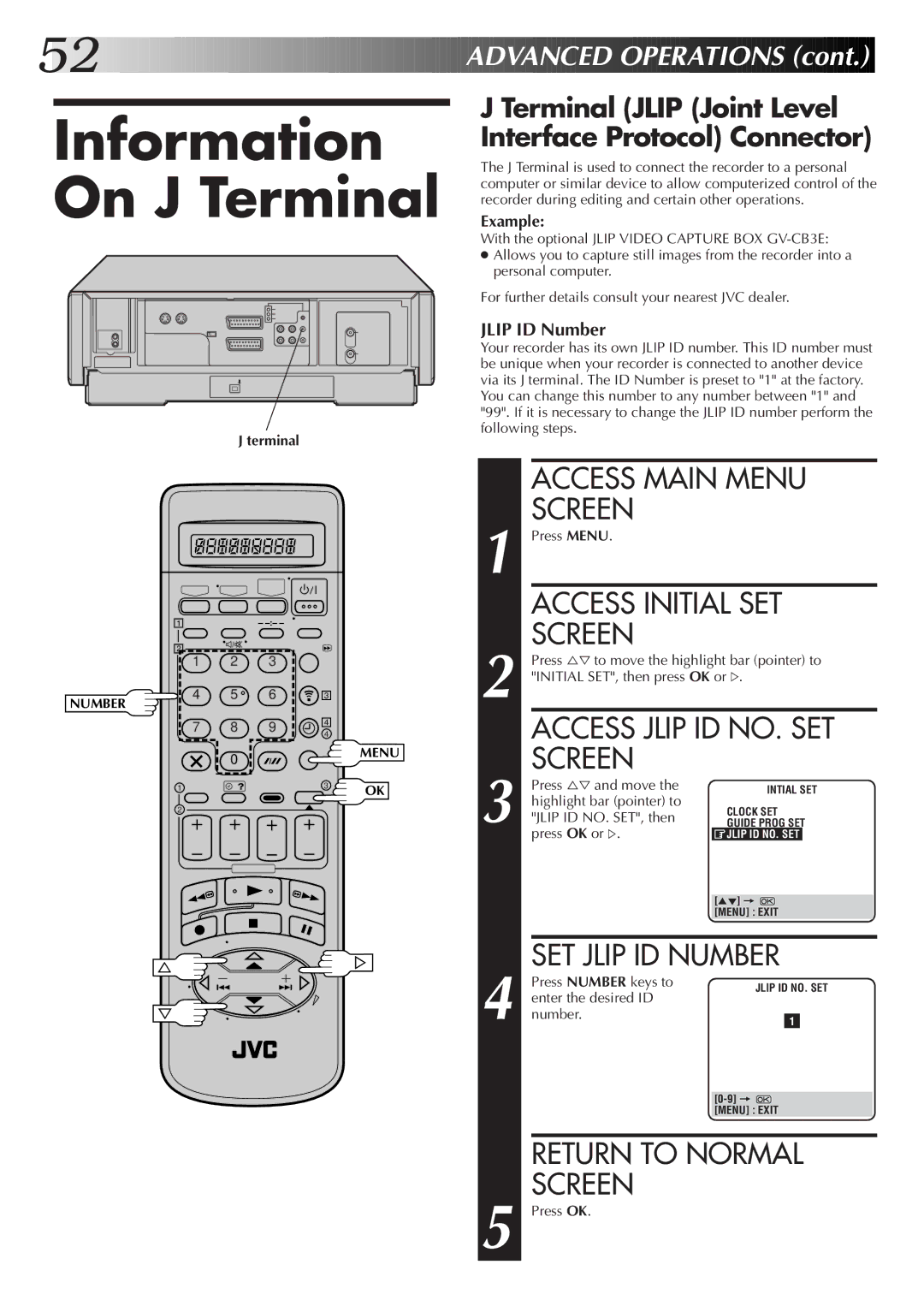 JVC HM-DR10000EK Information On J Terminal, Access Initial SET Screen, Access Jlip ID NO. SET Screen, SET Jlip ID Number 