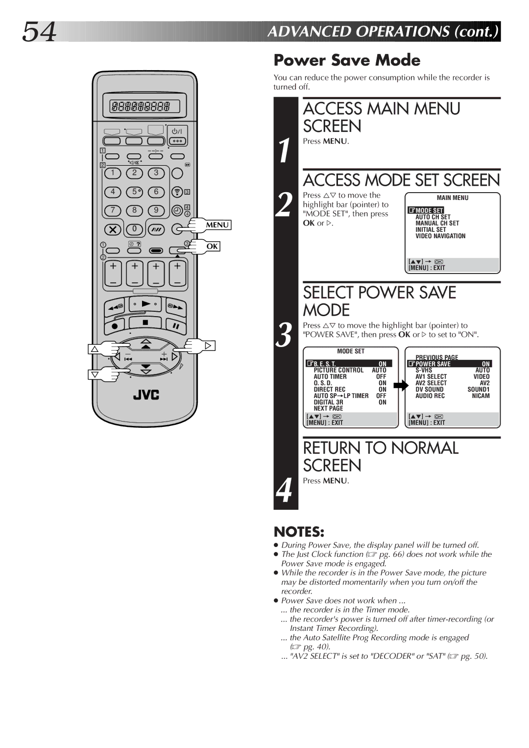 JVC HM-DR10000EK setup guide Power Save Mode, Press %Þ to move the highlight bar pointer to 