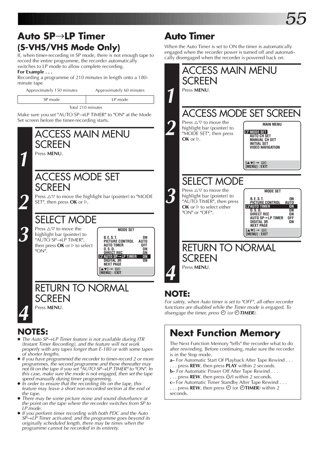 JVC HM-DR10000EK setup guide Auto SP→LP Timer, Auto Timer, Next Function Memory 