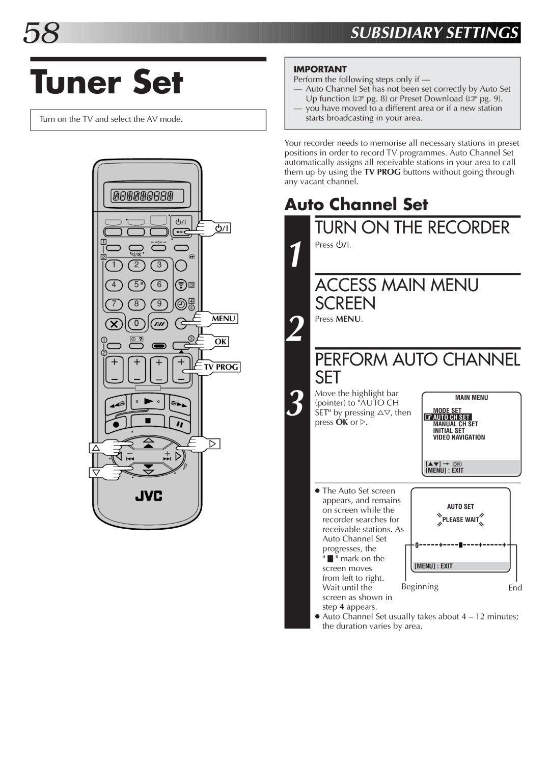 JVC HM-DR10000EK Tuner Set, Perform Auto Channel SET, Auto Channel Set, Pointer to Auto CH, SET by pressing %Þ, then 