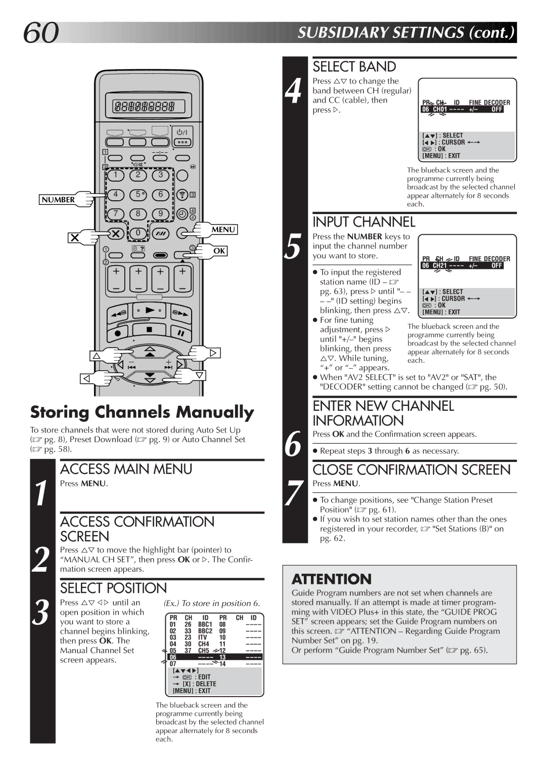 JVC HM-DR10000EK Storing Channels Manually, Input Channel, Enter NEW Channel Information, Close Confirmation Screen 