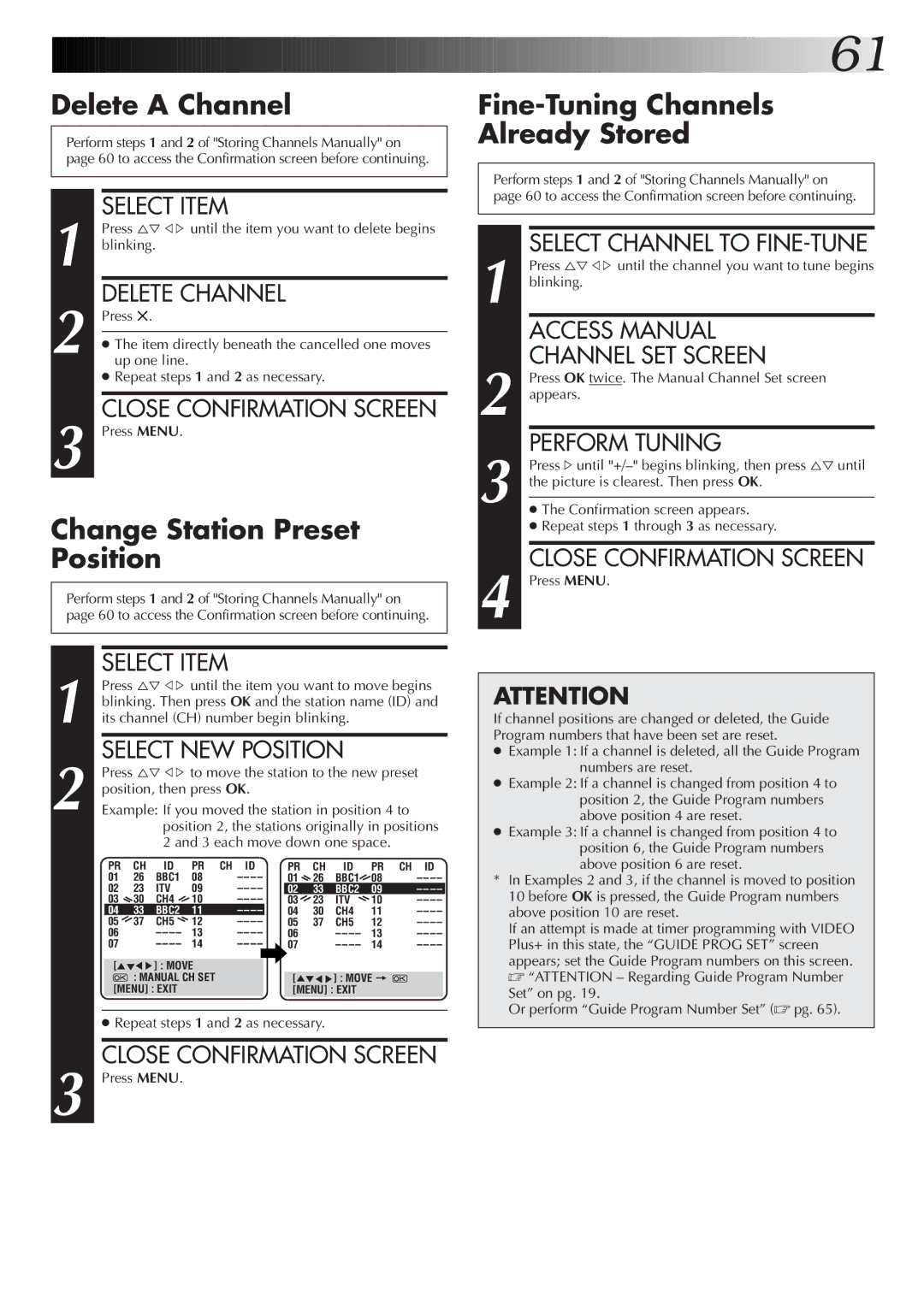 JVC HM-DR10000EK setup guide Delete a Channel, Change Station Preset Position, Fine-Tuning Channels Already Stored 