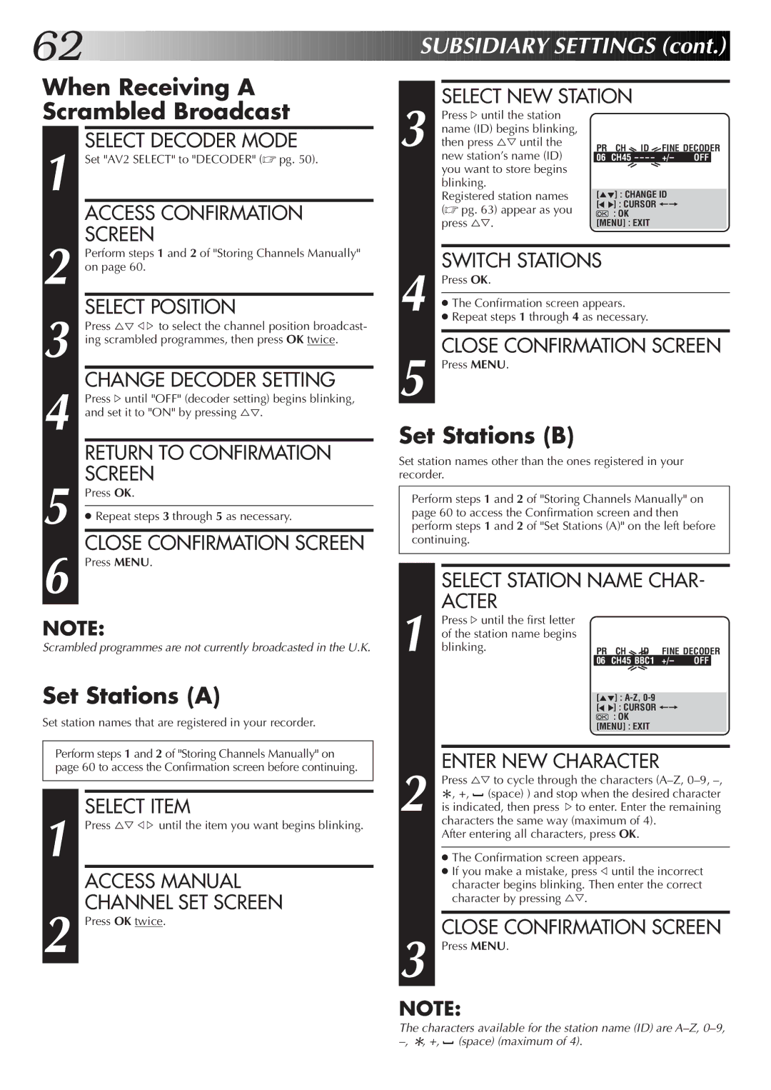 JVC HM-DR10000EK setup guide When Receiving a Scrambled Broadcast, Set Stations a, Set Stations B 