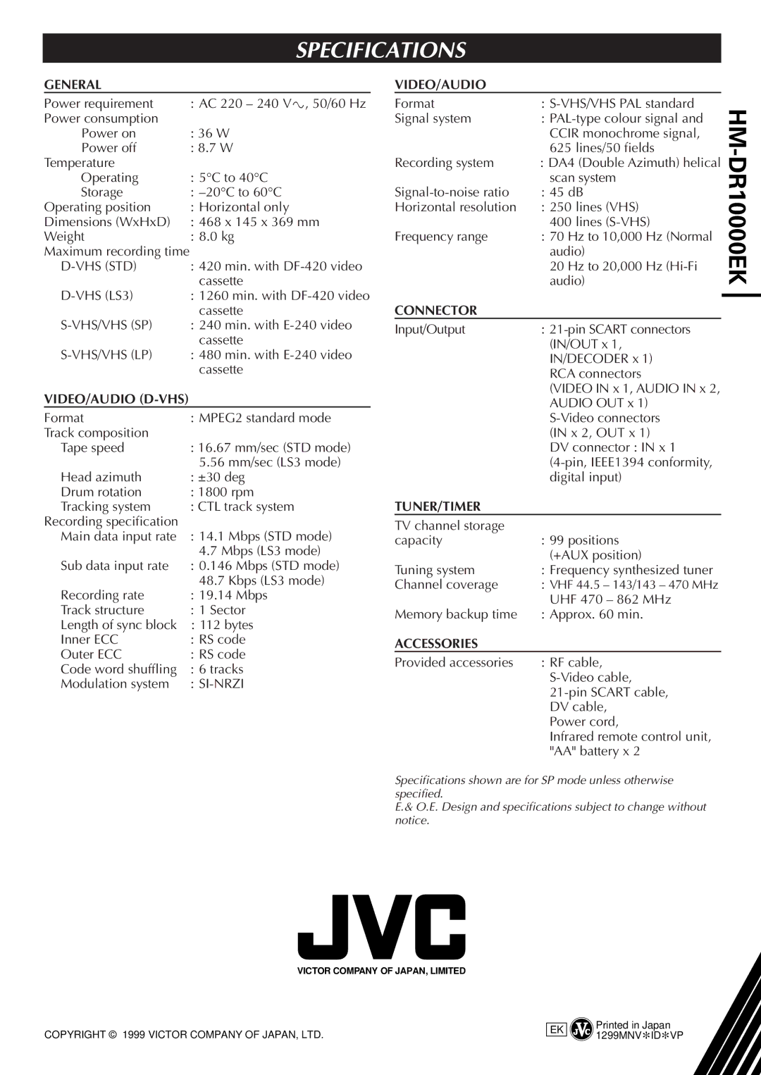 JVC HM-DR10000EK setup guide Maximum recording time, VHF 44.5 143/143 470 MHz 