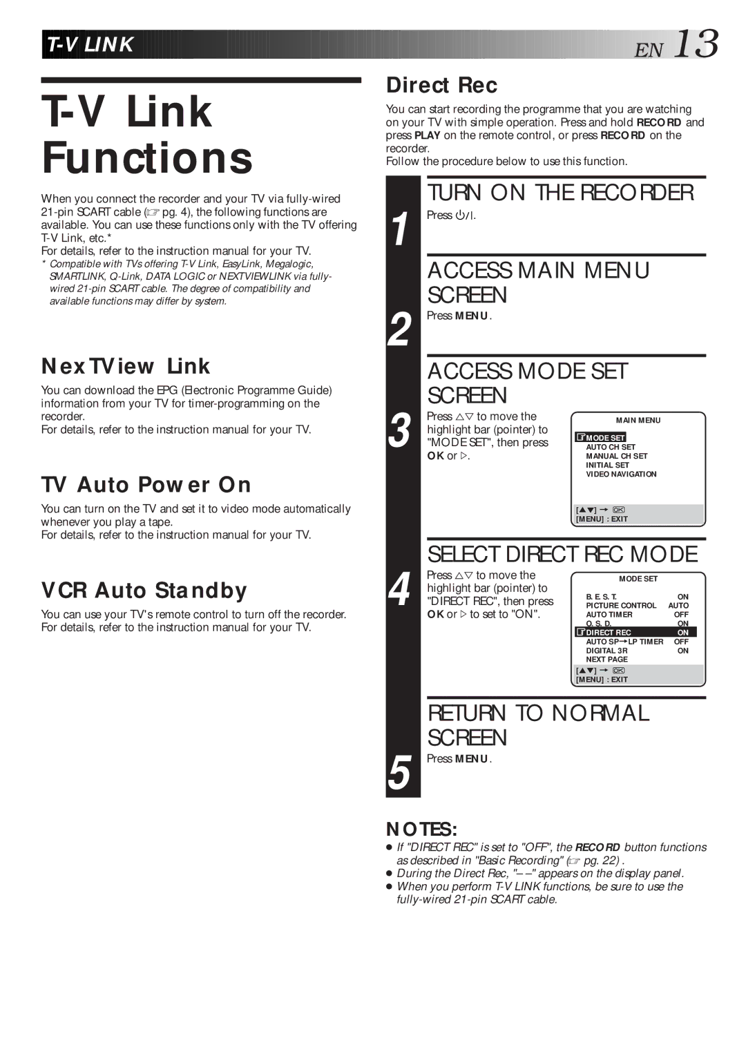 JVC HM-DR10000EU specifications Link Functions, Access Main Menu Screen, Access Mode SET Screen 