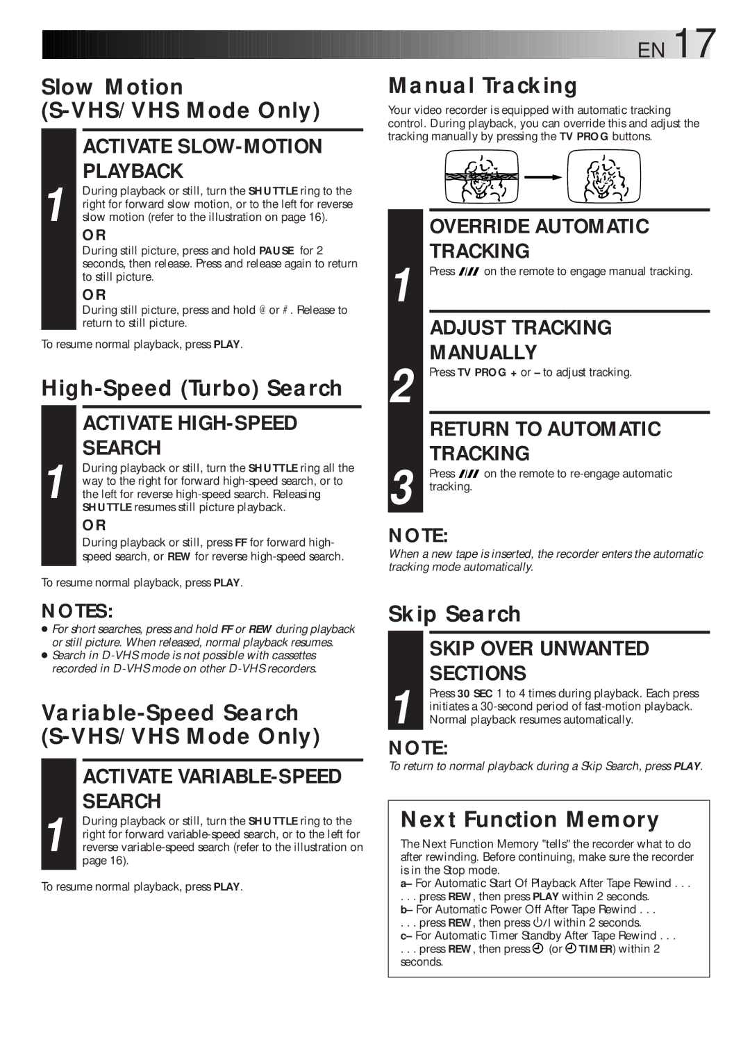 JVC HM-DR10000EU Activate HIGH-SPEED Search, Override Automatic Tracking, Adjust Tracking, Manually, Return to Automatic 