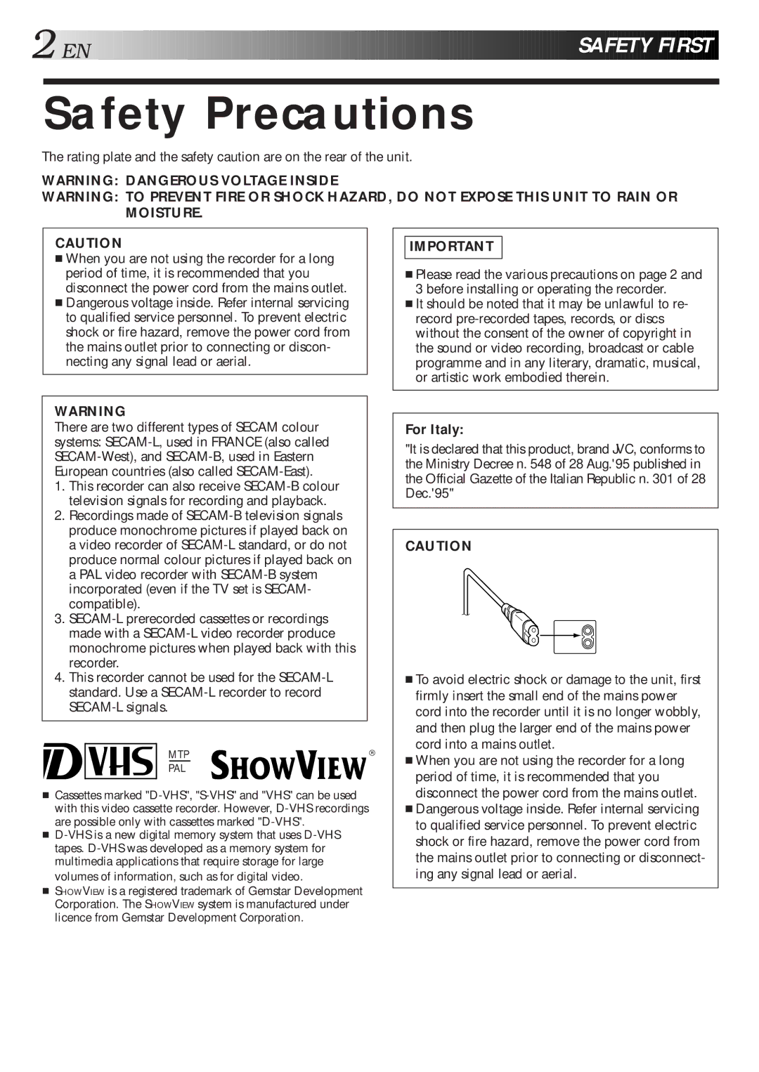 JVC HM-DR10000EU specifications Safety Precautions, Mtp Pal 