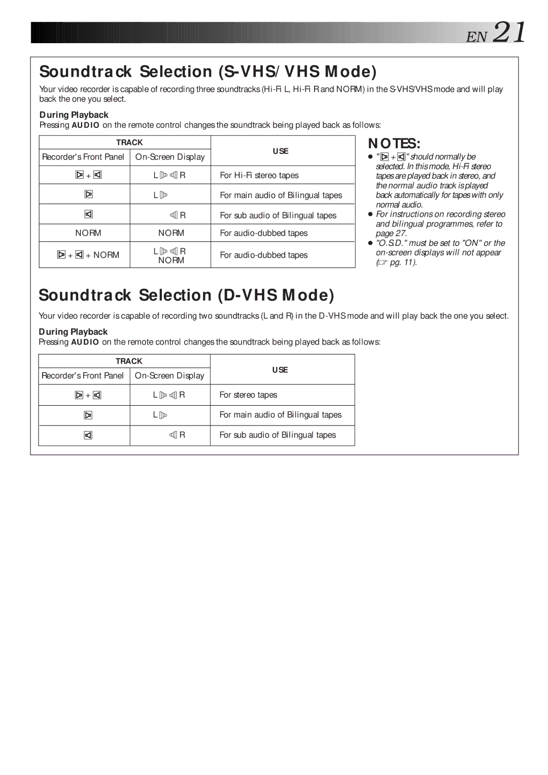 JVC HM-DR10000EU specifications Soundtrack Selection S-VHS/VHS Mode, Soundtrack Selection D-VHS Mode, During Playback 